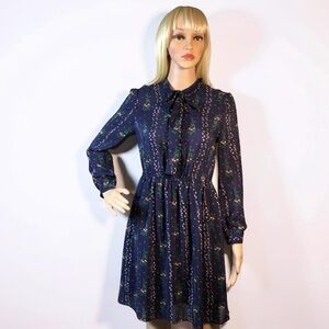 Blue Floral Silk Dress w Ruffles and Tie Neck S/M